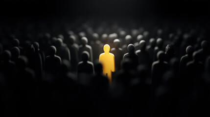 A solitary figure shines brightly among a crowd of dark silhouettes, symbolizing individuality and distinction in a sea of anonymity.