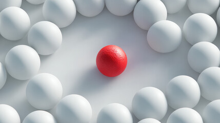 A striking image of a red sphere surrounded by white spheres, symbolizing uniqueness and focus in a minimalist design.