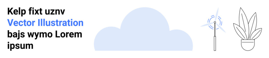 Cloud shape, wind turbine generating power with rotation lines, potted plant. Ideal for sustainability, environment, energy, eco-living, climate awareness, green innovation flat landing page banner