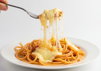 Spaghetti with tomato sauce and melted cheese being lifted by a fork on a white background plate