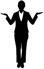 両手を広げて案内するプロフェッショナルな女性