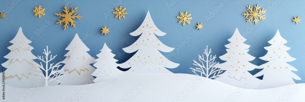 Poster handcrafted paper cutout trees adorned with golden stars and snowflakes create a festive winter atmo