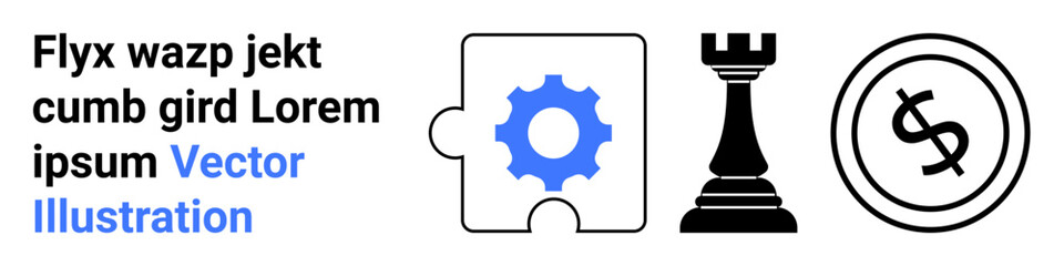 Puzzle piece with gear, chess rook, and coin with dollar sign represent problem-solving, strategy, and financial planning. Ideal for business, teamwork, decision-making, growth innovation finance