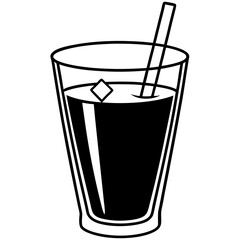Simple Line Art Illustration Of Glass Of Cola With Ice And Straw