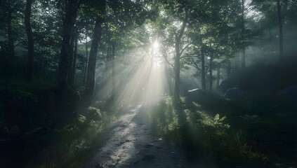 Sun rays in the forest, with trees and paths. 