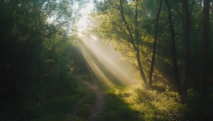 Fototapeta premium Sun rays in the forest, with trees and paths. 