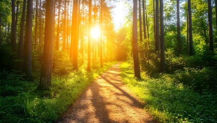 Sun rays in the forest, with trees and paths. 