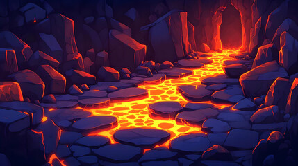 Pixel Art Lava Cave with Glowing Rocks and Volcanic Environment in Dark Orange Hues