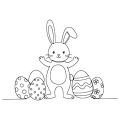 Easter bunny with eggs line art vector illustration