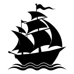 Silhouette Of A Vintage Sailing Ship On The Water Against White Background