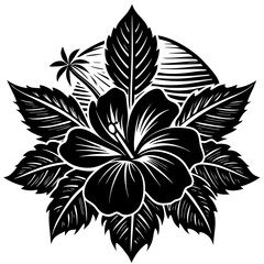 Tropical Hibiscus Flower With Palm Tree In Black And White Engraving Style