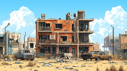 Pixel Art of a Decayed Orange Building in a Post Apocalyptic Desert Wasteland Featuring Destroyed Cars and Blue Sky with Clouds
