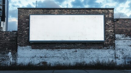 The image showcases a weathered blank billboard mounted on a rugged brick wall under an overcast...