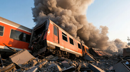A train wreckage surrounded by smoke and debris, depicting destruction and chaos in a disaster scenario.