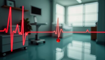 Red ECG line with blood drop in hospital room