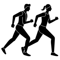 Silhouette Of Man And Woman Running Together In Black And White Style