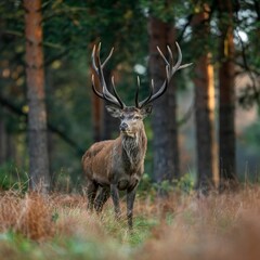 Obraz premium Majestic Deer Standing in Forest at Dawn