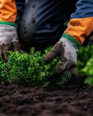 Fototapeta premium Landscape worker planting shrubs in a commercial garden project. Featuring greenery and meticulous care