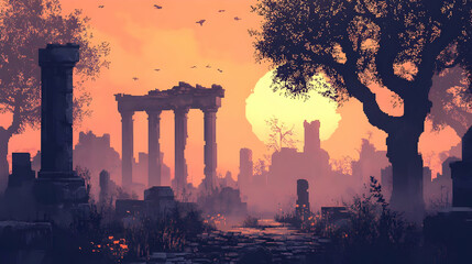 Fototapeta premium Pixel Art of Ancient Ruins at Sunset with Orange Sky Trees and Stone Columns