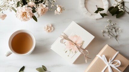 Beautiful gift arrangement with floral elements and a cup of tea on a marble surface