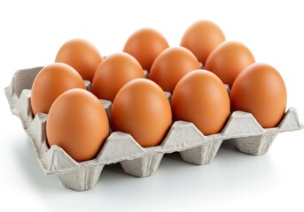 A carton of ten brown eggs arranged neatly on a white surface in a gray cardboard container close up view