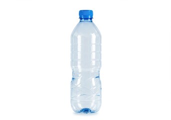 A clear plastic water bottle with a blue cap stands upright on a white seamless background in studio shot