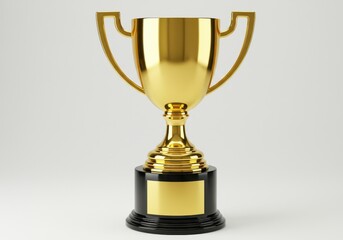 Fototapeta premium A gleaming golden trophy with handles on a black base against a neutral colored background space for text