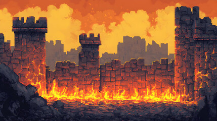 Naklejka premium Pixel Art of Burning Stone Castle Ruins with Orange Sky and Distant Cityscape in a Dystopian Landscape