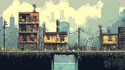 Pixel Art of Dilapidated Buildings in a Post Apocalyptic Urban Landscape with a Grunge Texture and Distant Cityscape