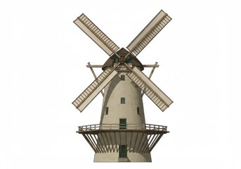 A symmetrical windmill with four sails and a viewing platform on a white background illustration