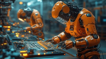 Futuristic Orange Robots Working on a High-Tech Circuit Board