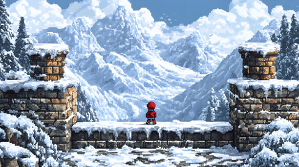 Pixel Art of Person in Red Standing on Snowy Stone Overlook with Distant Snowy Mountains and Evergreen Trees in Winter Landscape