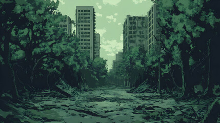 Pixel Art of Overgrown City Ruins Post Apocalyptic Urban Landscape with Decayed Buildings and Green Vegetation in Gloomy Atmospheric