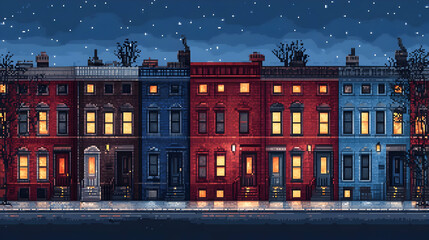 Pixel Art of Red and Blue Brick Buildings Under a Starry Night Sky with Glowing Windows Along a City Street