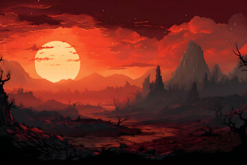 Pixel Art of Red Sunset Sky Over Mountain Range in Digital Landscape with Trees Silhouettes and Vibrant Color Palette