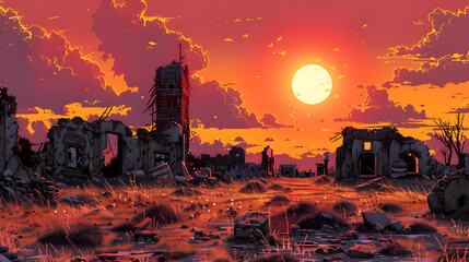 Pixel Art of Post Apocalyptic Ruins at Sunset with Orange Sky and Warm Tone Reflection