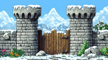 Pixel Art of Snowy Castle Gate with Mountain Scenery in Winter Landscape with Stone Walls and Wooden Door