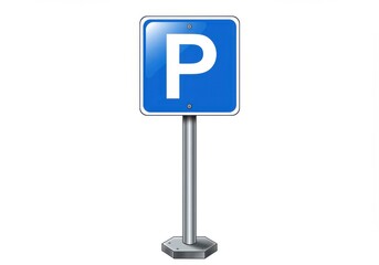 A blue parking sign with a large white p mounted on a metal pole against a white background space for cars