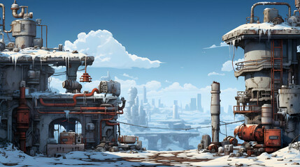 Pixel Art of Snowy Industrial Landscape with Complex Structures and Distant Cityscape under a Pale Blue Sky During Winter Day