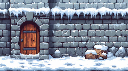 Pixel Art of Snowy Stone Wall with Wooden Door and Snow Covered Ground on a Winter Day