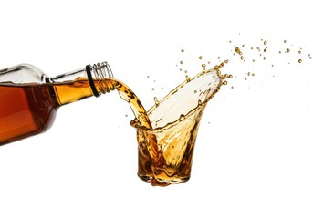 Bottle pouring amber liquid into a glass creating a splash against a bright white background scene