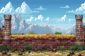 Pixel Art of Stone Castle Wall Overlooking Golden Grass and Snow Capped Mountain Range with Clear Blue Sky in Digital Illustration