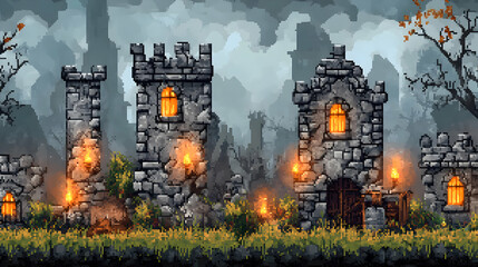 Pixel Art of Stone Castle Ruins with Lit Windows Amidst Grassy Field and Moody Sky in Fantasy Landscape