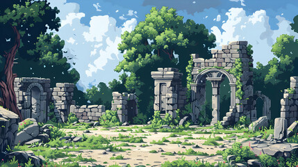 Pixel Art of Stone Ruins Among Green Trees and Grass Under a Blue Sky With Weathered Walls and Ancient Archways
