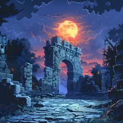 Pixel Art of Stone Ruin Archway Under Orange Full Moon at Dusk in Nature Landscape with Blue Sky and Scattered Cloud