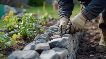 Fototapeta premium Mason building a stone garden border. Featuring craftsmanship and design focus