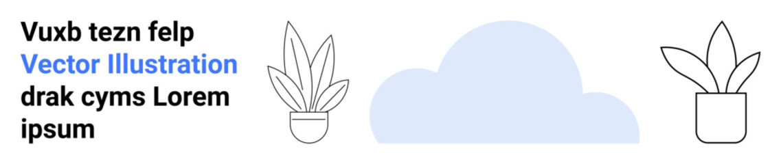 Potted plants with leafy design, a blue cloud shape, and styled placeholder text. Ideal for nature branding, eco-friendly themes, digital design, creative projects, wellness, decor concepts flat