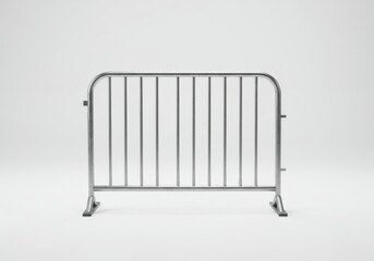 A single silver metal barrier with vertical bars standing on a white surface in a studio setting