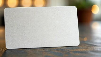 Blank card with textured surface on wooden table highlights eco design and customer satisfaction through minimalistic approach.