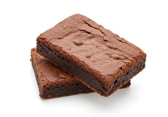 A close up shot of two chocolate brownies stacked on top of each other on a white background surface